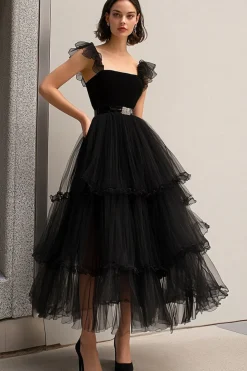 Preto Tule Esparguete Correias Uma Linha Vestido Formal