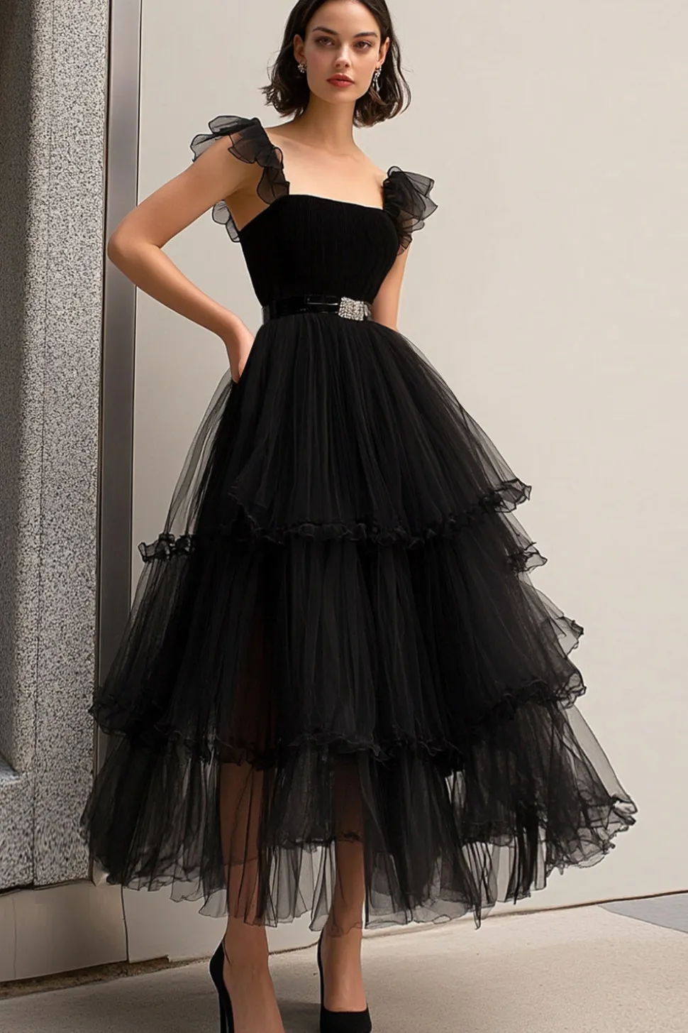 Preto Tule Esparguete Correias Uma Linha Vestido Formal