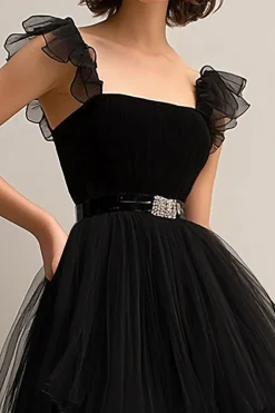 Preto Tule Esparguete Correias Uma Linha Vestido Formal