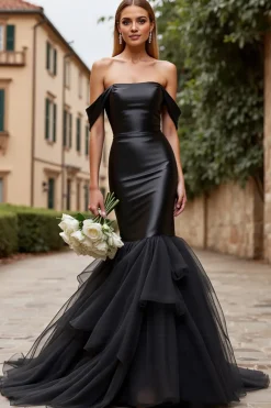 Preto Tule Sereia Fora do Ombro Cetim Longos Vestidos de Noiva