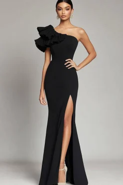 Preto Um Ombro Folhos Sereia Cetim Vestidos Cerimónia com Fenda