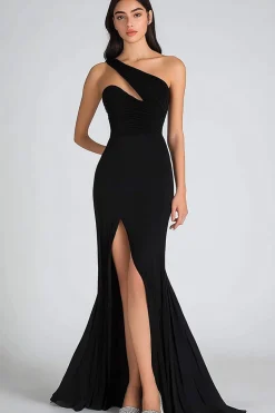 Preto Um ombro Trompete/sereia Longos Vestido Cerimónia com Fenda