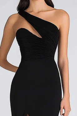 Preto Um ombro Trompete/sereia Longos Vestido Cerimónia com Fenda