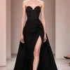Preto Uma Linha Cetim Decote Em Coração Vestido Cerimónia Com Fenda