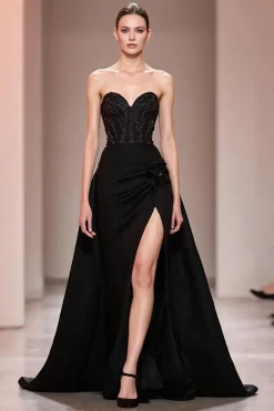 Preto Uma Linha Cetim Decote Em Coração Vestido Cerimónia Com Fenda