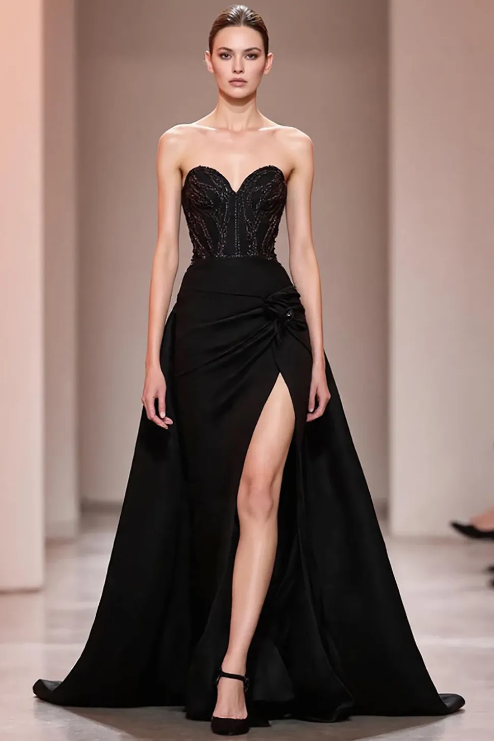 Preto Uma Linha Cetim Decote Em Coração Vestido Cerimónia Com Fenda