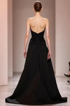 Preto Uma Linha Cetim Decote Em Coração Vestido Cerimónia Com Fenda