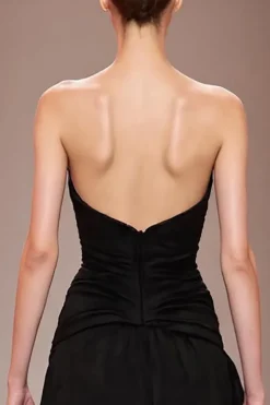 Preto Uma Linha Cetim Decote Em Coração Vestido Cerimónia Com Fenda