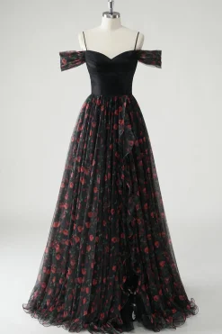Preto Uma linha de ombro frio estampado vestido de baile longo floral com fenda