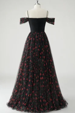 Preto Uma linha de ombro frio estampado vestido de baile longo floral com fenda