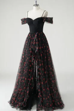 Preto Uma linha de ombro frio estampado vestido de baile longo floral com fenda