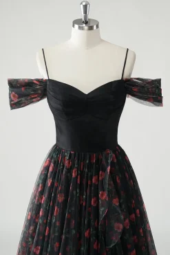 Preto Uma linha de ombro frio estampado vestido de baile longo floral com fenda