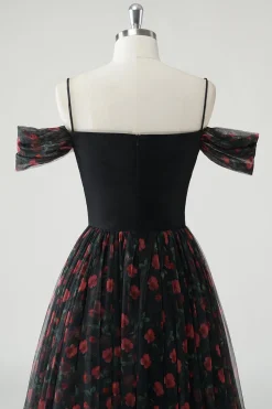 Preto Uma linha de ombro frio estampado vestido de baile longo floral com fenda