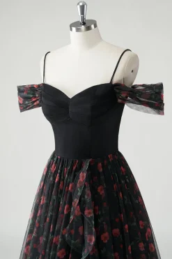 Preto Uma linha de ombro frio estampado vestido de baile longo floral com fenda