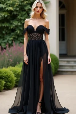 Preto Uma linha fora do ombro Chiffon vestido de baile de renda com fenda