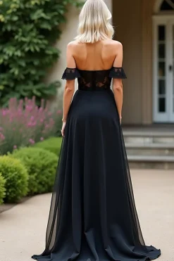 Preto Uma linha fora do ombro Chiffon vestido de baile de renda com fenda