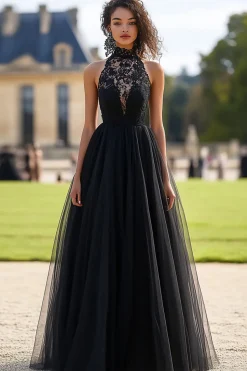 Preto Uma Linha Halter Tule Renda Mangas Prom Dress