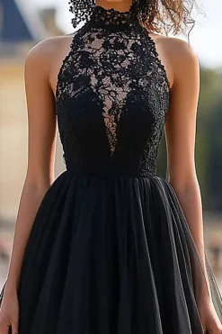 Preto Uma Linha Halter Tule Renda Mangas Prom Dress