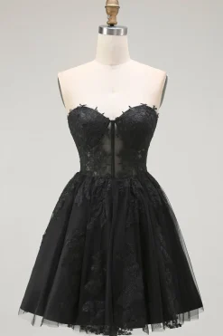 Preto Uma Linha Querida Appliqued Sheer Corset Short Homecoming Dress