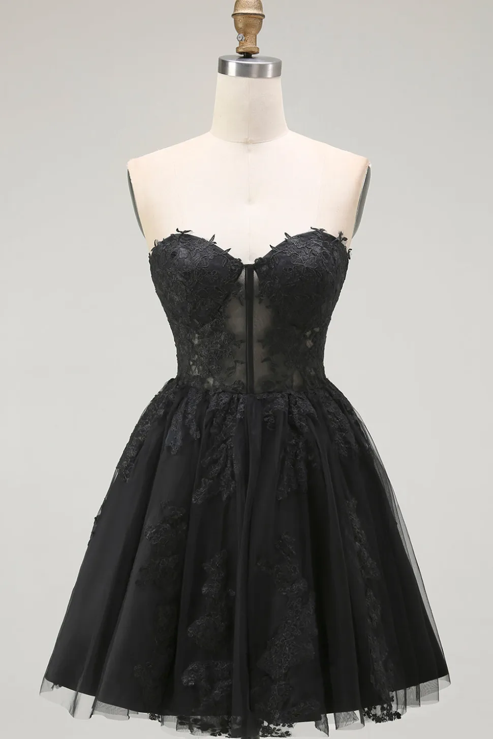 Preto Uma Linha Querida Appliqued Sheer Corset Short Homecoming Dress