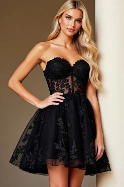 Preto Uma Linha Querida Appliqued Sheer Corset Short Homecoming Dress