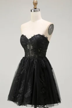 Preto Uma Linha Querida Appliqued Sheer Corset Short Homecoming Dress