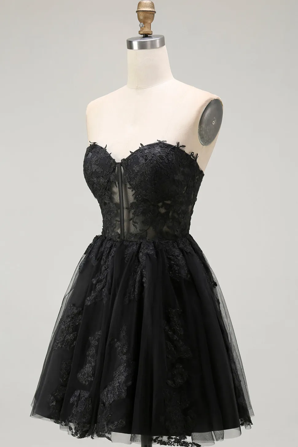 Preto Uma Linha Querida Appliqued Sheer Corset Short Homecoming Dress