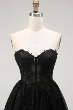 Preto Uma Linha Querida Appliqued Sheer Corset Short Homecoming Dress