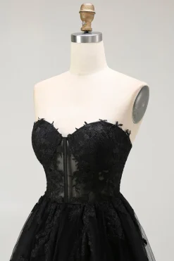 Preto Uma Linha Querida Appliqued Sheer Corset Short Homecoming Dress