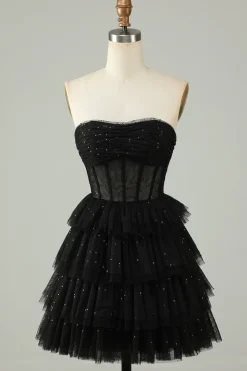 Preto Uma Linha Strapless Open Back Corset Homecoming Dress