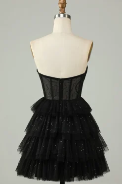 Preto Uma Linha Strapless Open Back Corset Homecoming Dress