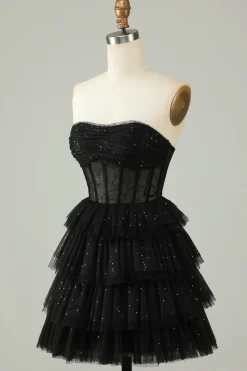Preto Uma Linha Strapless Open Back Corset Homecoming Dress
