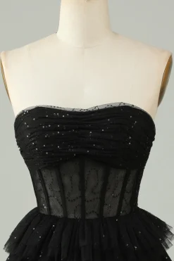 Preto Uma Linha Strapless Open Back Corset Homecoming Dress