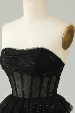 Preto Uma Linha Strapless Open Back Corset Homecoming Dress