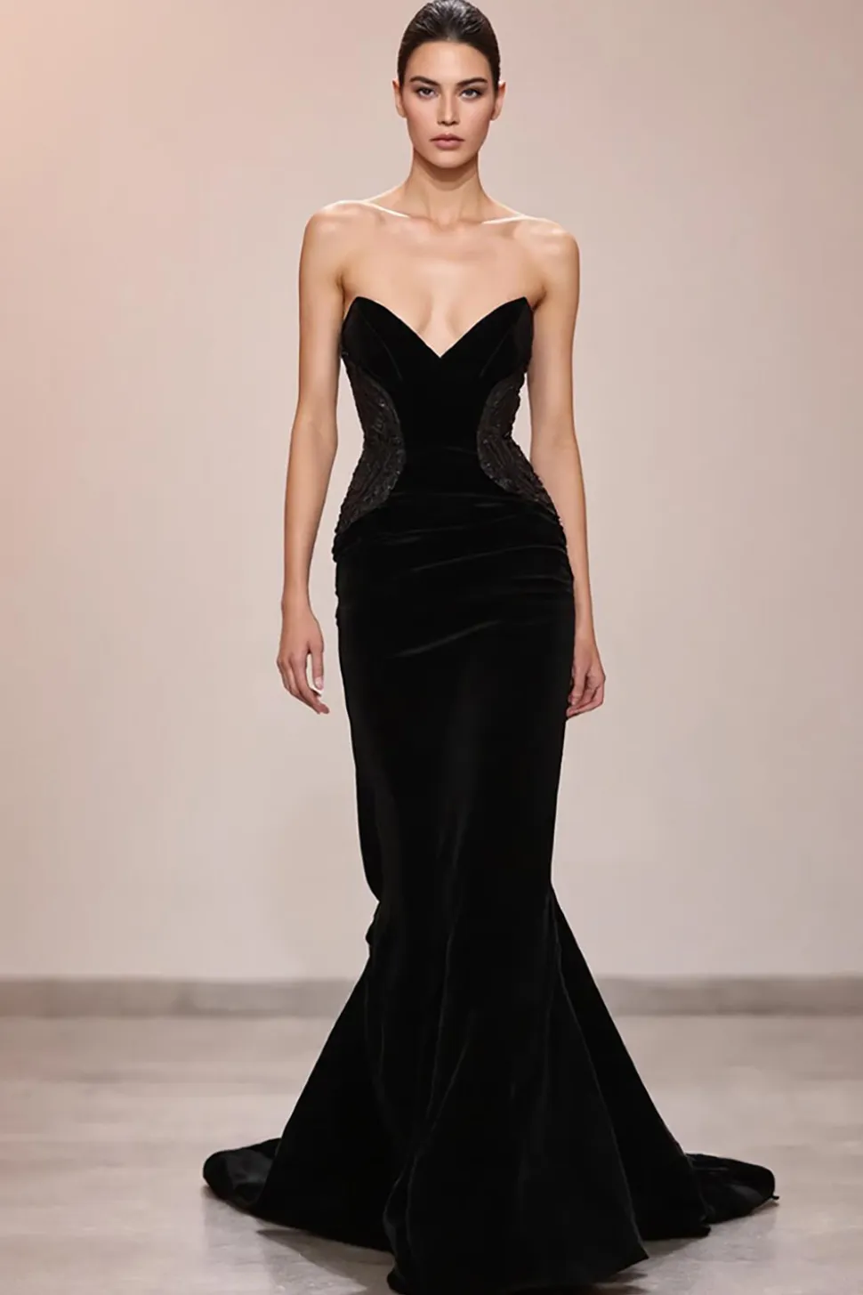 Preto Veludo Sereia Strapless Vestido de Noite Longo