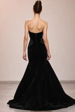 Preto Veludo Sereia Strapless Vestido de Noite Longo