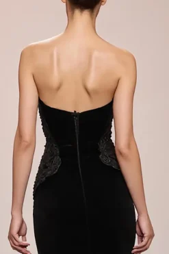 Preto Veludo Sereia Strapless Vestido de Noite Longo