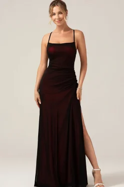 Preto vermelho bainha espaguete alças vestido de dama de honra com elasticidade