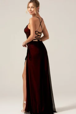 Preto vermelho bainha espaguete alças vestido de dama de honra com elasticidade