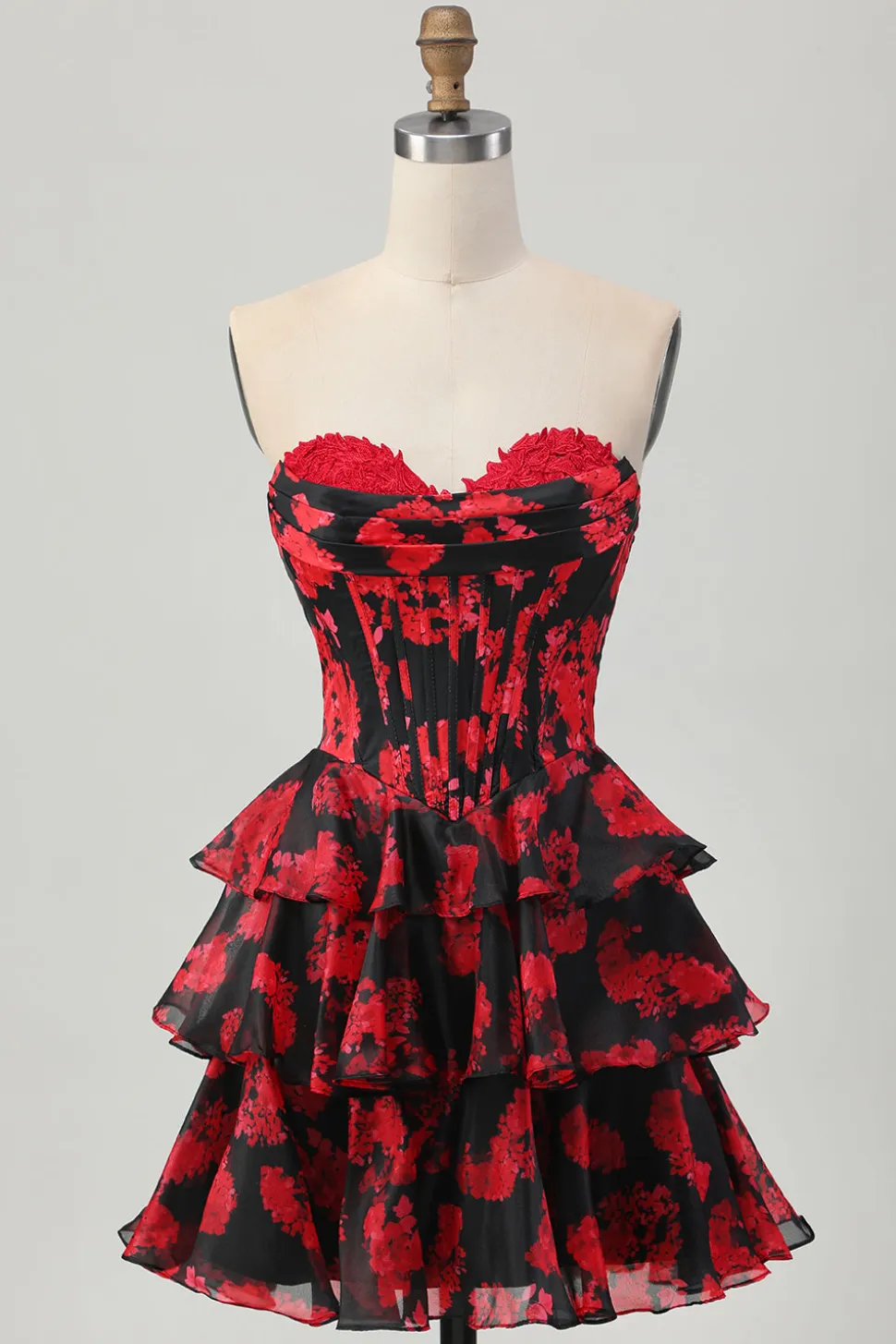 Preto Vermelho Floral A-line Sweetheart Tiered Corset Short Homecoming Dress