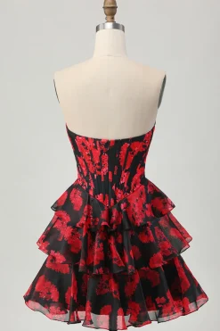 Preto Vermelho Floral A-line Sweetheart Tiered Corset Short Homecoming Dress
