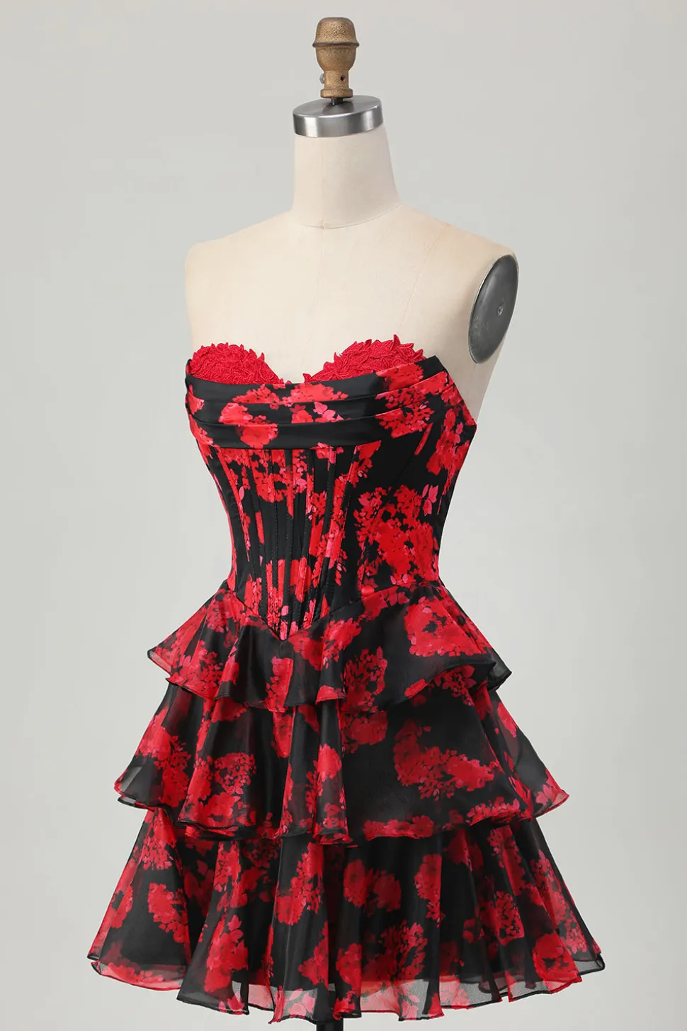 Preto Vermelho Floral A-line Sweetheart Tiered Corset Short Homecoming Dress