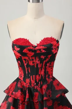 Preto Vermelho Floral A-line Sweetheart Tiered Corset Short Homecoming Dress