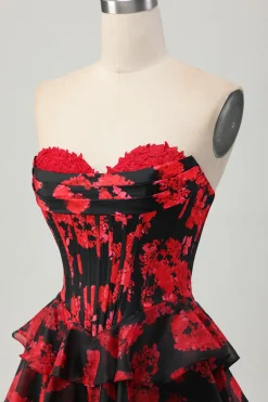 Preto Vermelho Floral A-line Sweetheart Tiered Corset Short Homecoming Dress