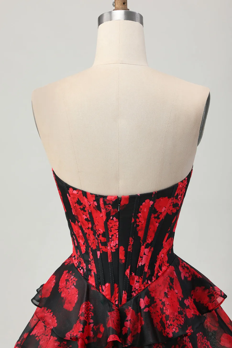 Preto Vermelho Floral A-line Sweetheart Tiered Corset Short Homecoming Dress