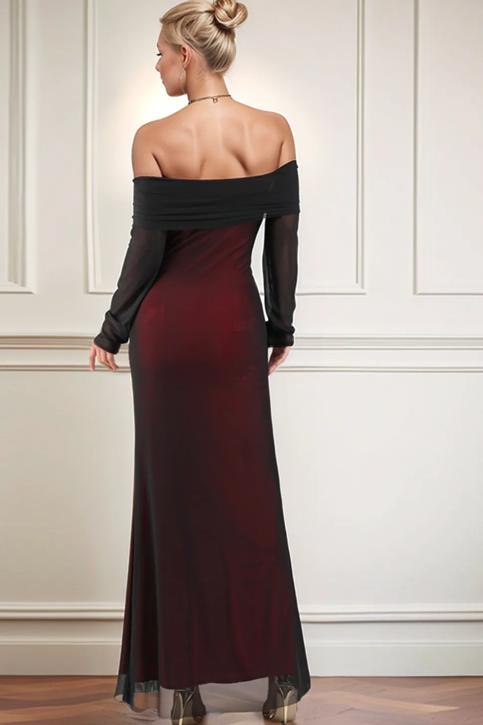 Preto Vermelho Fora do Ombro Bainha Longo Vestidos Cerimónia com Mangas Compridas