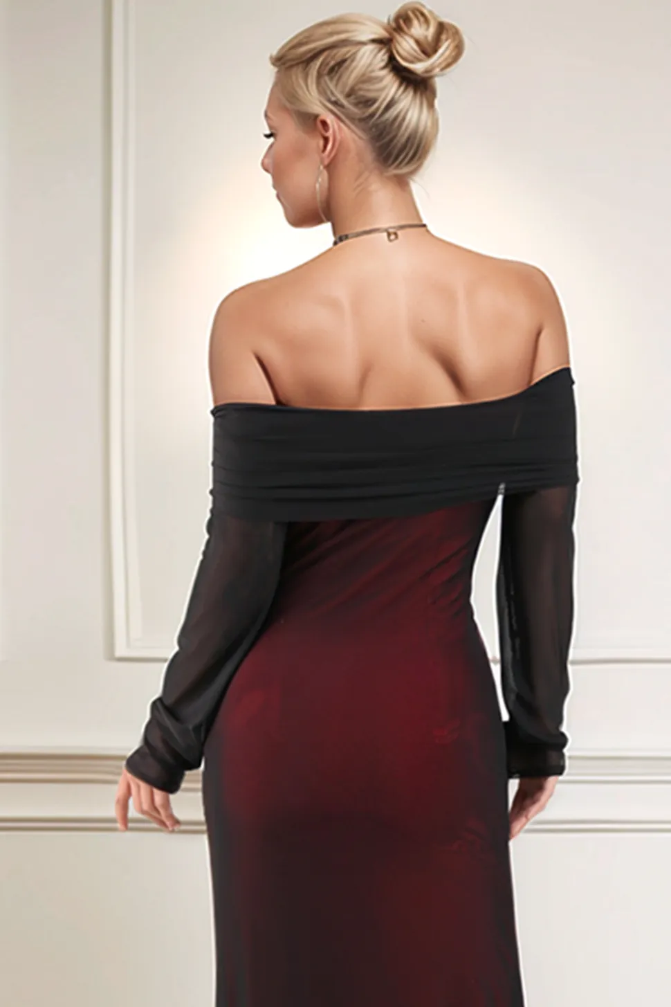 Preto Vermelho Fora do Ombro Bainha Longo Vestidos Cerimónia com Mangas Compridas