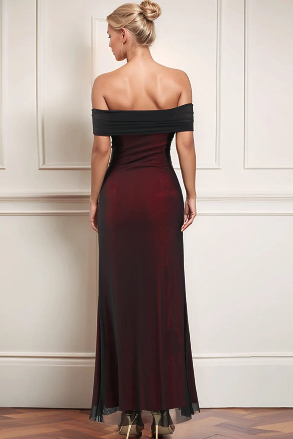 Preto Vermelho Fora do Ombro Bainha Longo Vestidos Cerimónia com Mangas Compridas