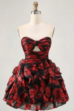 Preto vermelho sem alças babados estampado recorte para fora vestido de volta para casa