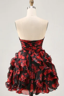 Preto vermelho sem alças babados estampado recorte para fora vestido de volta para casa